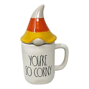 rae dunn ceramic halloween mug with decorative lid, you're so corny/white/candy corn gnome lid