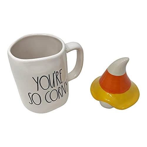 Rae Dunn Ceramic Halloween Mug with Decorative Lid, You're So Corny/White/Candy Corn Gnome Lid