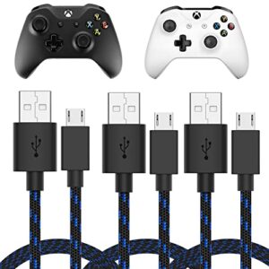 talk works charging cable compatible with xbox one controller - 6-foot long fast charger cord micro usb for x-box 1 - heavy-duty, braided black-blue (3 pack)