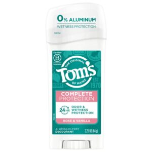 tom's of maine complete protection aluminum-free natural deodorant for women, rose & vanilla, 2.25 oz