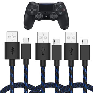 talk works micro usb controller charger cable for playstation 4-6-foot long braided heavy-duty fast charger cord for ps4, blue-black (3 pack)