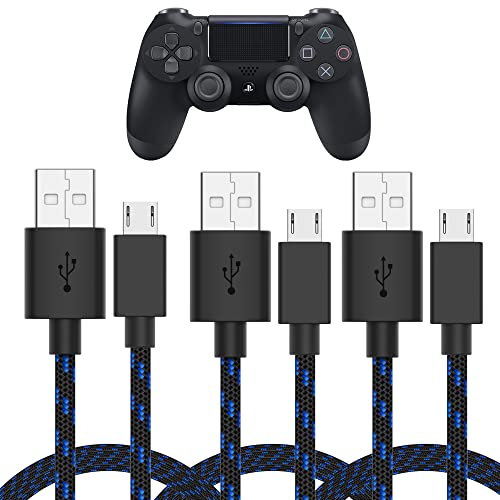 TALK WORKS Micro USB Controller Charger Cable for Playstation 4-6-Foot Long Braided Heavy-Duty Fast Charger Cord for PS4, Blue-Black (3 Pack)