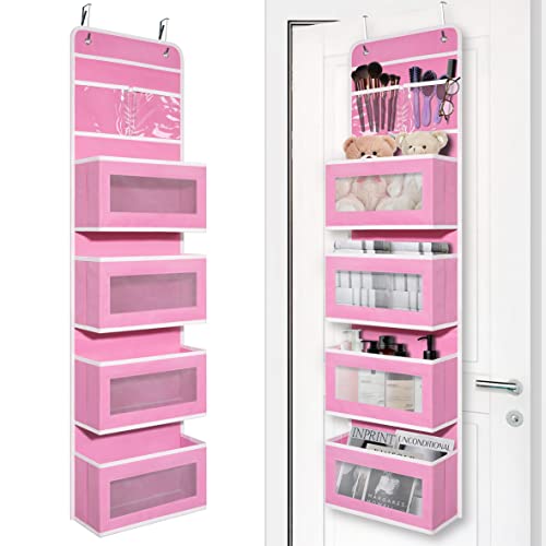 Heavy Duty Over Door Organizer, Wall Mount Hanging Organizer Storage with 4 Large Capacity Pockets, Closet Bathroom Nursery Bedroom Dorm, Toys Cosmetics Sundries and Baby Essentials, Pink