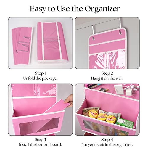 Heavy Duty Over Door Organizer, Wall Mount Hanging Organizer Storage with 4 Large Capacity Pockets, Closet Bathroom Nursery Bedroom Dorm, Toys Cosmetics Sundries and Baby Essentials, Pink