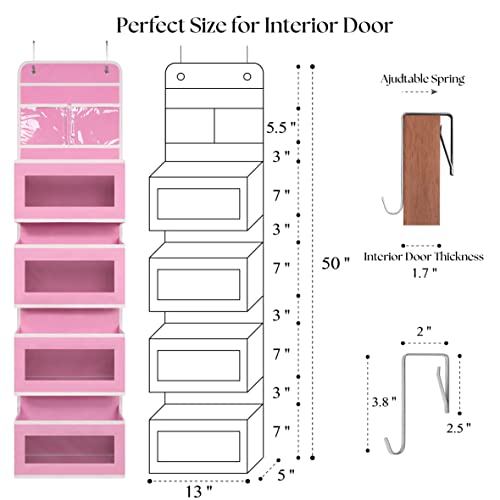 Heavy Duty Over Door Organizer, Wall Mount Hanging Organizer Storage with 4 Large Capacity Pockets, Closet Bathroom Nursery Bedroom Dorm, Toys Cosmetics Sundries and Baby Essentials, Pink