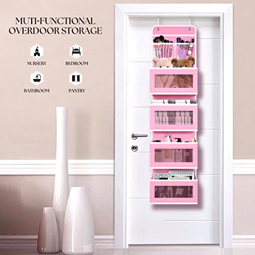 Heavy Duty Over Door Organizer, Wall Mount Hanging Organizer Storage with 4 Large Capacity Pockets, Closet Bathroom Nursery Bedroom Dorm, Toys Cosmetics Sundries and Baby Essentials, Pink