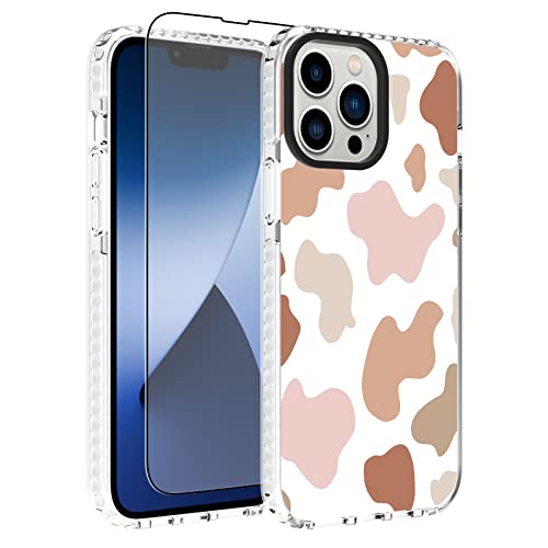 OOK Compatible with iPhone 14 Pro Case Cute Cow Print Fashion Slim Lightweight Camera Protective Soft Flexible TPU Rubber for iPhone 14 Pro with [Screen Protector]-Pink & Brown