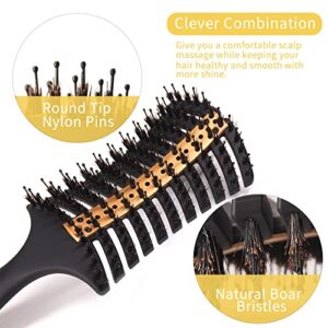 Vista Detangling Brush with Anti-Static Aluminum Sheet Boar Bristle Hair Brush Hollow Out Design Vented Curved Detangling Hair Brush Professional Faster Drying your Hair and easy to styling your hair, Gold