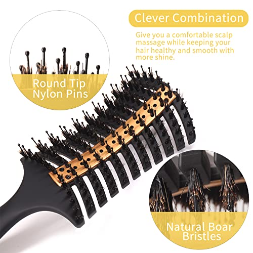 Vista Detangling Brush with Anti-Static Aluminum Sheet Boar Bristle Hair Brush Hollow Out Design Vented Curved Detangling Hair Brush Professional Faster Drying your Hair and easy to styling your hair, Gold