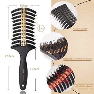 Vista Detangling Brush with Anti-Static Aluminum Sheet Boar Bristle Hair Brush Hollow Out Design Vented Curved Detangling Hair Brush Professional Faster Drying your Hair and easy to styling your hair, Gold