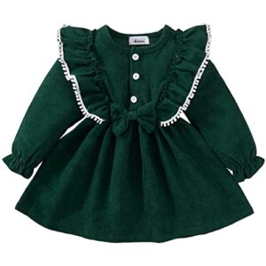 Toddler Girl Fall Dress Kid Solid Corduroy Ruffle Long Sleeve Princess Dress Winter Outfit Little Girl Casual Clothes(Green, 18-24M)