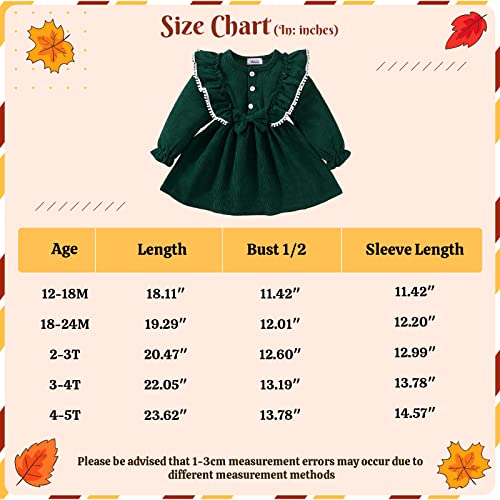 Toddler Girl Fall Dress Kid Solid Corduroy Ruffle Long Sleeve Princess Dress Winter Outfit Little Girl Casual Clothes(Green, 18-24M)