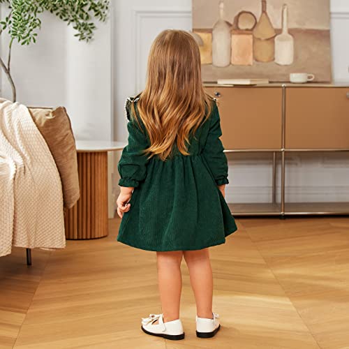 Toddler Girl Fall Dress Kid Solid Corduroy Ruffle Long Sleeve Princess Dress Winter Outfit Little Girl Casual Clothes(Green, 18-24M)