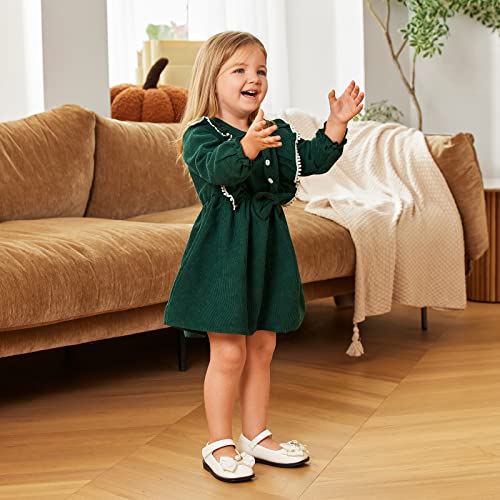 Toddler Girl Fall Dress Kid Solid Corduroy Ruffle Long Sleeve Princess Dress Winter Outfit Little Girl Casual Clothes(Green, 18-24M)