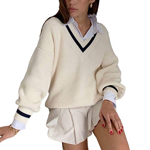 Domingbub Women Knitted Sweater Aesthetic V-Neck Long Sleeve Sweater Pullover College Style Loose Argyle Print