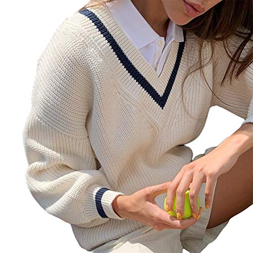 Domingbub Women Knitted Sweater Aesthetic V-Neck Long Sleeve Sweater Pullover College Style Loose Argyle Print