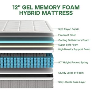 Twin XL Size Mattress, 12 Inch Hybrid Gel Memory Foam Mattress with Pocket Spring, Breathable Medium Firm Mattress in a Box, Cool Sleep and Balance Support CertiPUR-US Certified by DIGLANT
