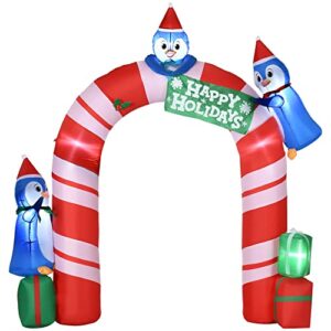 outsunny 8ft christmas inflatables outdoor decorations candy cane archway with three penguins and gift boxes, blow-up led yard christmas decor for lawn garden