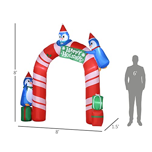 Outsunny 8ft Christmas Inflatables Outdoor Decorations Candy Cane Archway with Three Penguins and Gift Boxes, Blow-Up LED Yard Christmas Decor for Lawn Garden