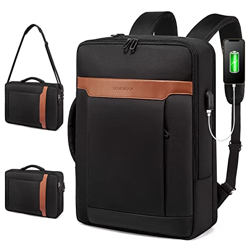 LOVEVOOK Convertible Laptop Backpack, 3 in 1 Messenger Bag Business Briefcases Fits 15.6 Inch Laptop, Shoulder Bags Computer Backpacks for Travel College Office for Men Women, Black