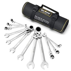 enventor 180° flex head ratcheting wrench set, 12 pieces sae 1/4-7/8", crv steel, 72-teeth, 12-point combination ratchet wrenches set with rolling pouch