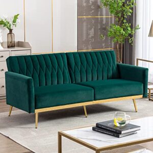 ttgieet velvet convertible futon sofa bed with golden metal legs, 70" tufted loveseat couch sleeper futon sofa with adjustable armrests for home living room bedroom (green)