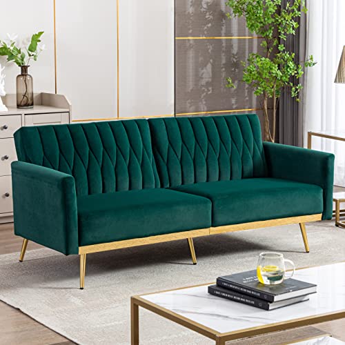 TTGIEET Velvet Convertible Futon Sofa Bed with Golden Metal Legs, 70" Tufted Loveseat Couch Sleeper Futon Sofa with Adjustable Armrests for Home Living Room Bedroom (Green)