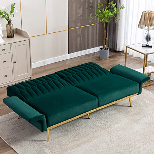 TTGIEET Velvet Convertible Futon Sofa Bed with Golden Metal Legs, 70" Tufted Loveseat Couch Sleeper Futon Sofa with Adjustable Armrests for Home Living Room Bedroom (Green)