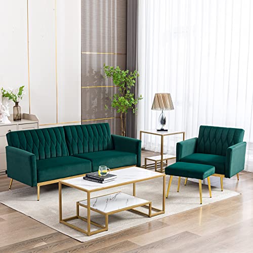 TTGIEET Velvet Convertible Futon Sofa Bed with Golden Metal Legs, 70" Tufted Loveseat Couch Sleeper Futon Sofa with Adjustable Armrests for Home Living Room Bedroom (Green)