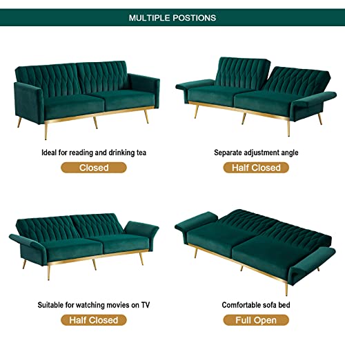 TTGIEET Velvet Convertible Futon Sofa Bed with Golden Metal Legs, 70" Tufted Loveseat Couch Sleeper Futon Sofa with Adjustable Armrests for Home Living Room Bedroom (Green)