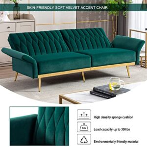 TTGIEET Velvet Convertible Futon Sofa Bed with Golden Metal Legs, 70" Tufted Loveseat Couch Sleeper Futon Sofa with Adjustable Armrests for Home Living Room Bedroom (Green)