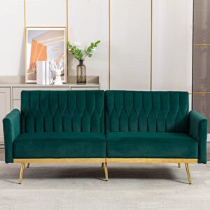 TTGIEET Velvet Convertible Futon Sofa Bed with Golden Metal Legs, 70" Tufted Loveseat Couch Sleeper Futon Sofa with Adjustable Armrests for Home Living Room Bedroom (Green)