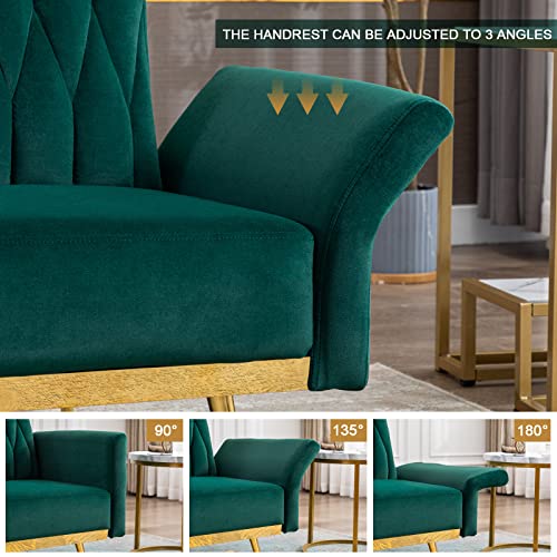 TTGIEET Velvet Convertible Futon Sofa Bed with Golden Metal Legs, 70" Tufted Loveseat Couch Sleeper Futon Sofa with Adjustable Armrests for Home Living Room Bedroom (Green)