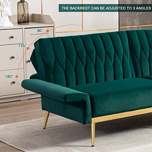 TTGIEET Velvet Convertible Futon Sofa Bed with Golden Metal Legs, 70" Tufted Loveseat Couch Sleeper Futon Sofa with Adjustable Armrests for Home Living Room Bedroom (Green)