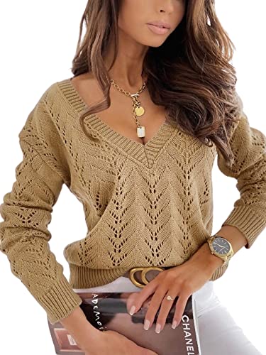 CUPSHE Women's V-Neck Long Sleeve Knit Sweater Dropped Shoulders Pullover with Ribbed Trim, Brown L