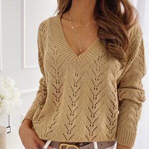 CUPSHE Women's V-Neck Long Sleeve Knit Sweater Dropped Shoulders Pullover with Ribbed Trim, Brown L