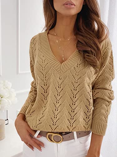 CUPSHE Women's V-Neck Long Sleeve Knit Sweater Dropped Shoulders Pullover with Ribbed Trim, Brown L