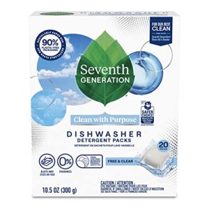 seventh generation dishwasher detergent packs, blasts away stuck-on food, free & clear, 20 packs