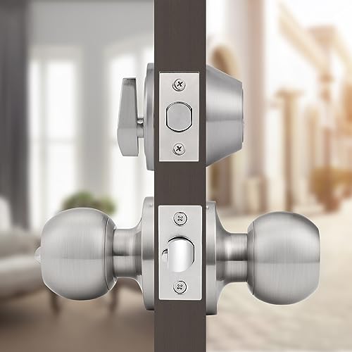 Knobonly 8 Pack Round Ball Front Door Knob and Single Cylinder Deadbolt Combo Sets, Satin Nickel Door Knob Set, Keyed Alike