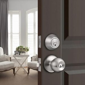 Knobonly 8 Pack Round Ball Front Door Knob and Single Cylinder Deadbolt Combo Sets, Satin Nickel Door Knob Set, Keyed Alike