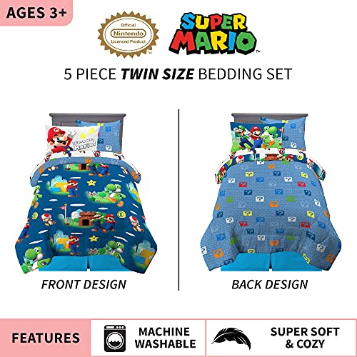 Franco Kids Bedding Super Soft Comforter and Sheet Set with Sham, 5 Piece Twin Size, Mario & Kids Room Window Curtains Drapes Set, 82 in x 84 in, Super Mario