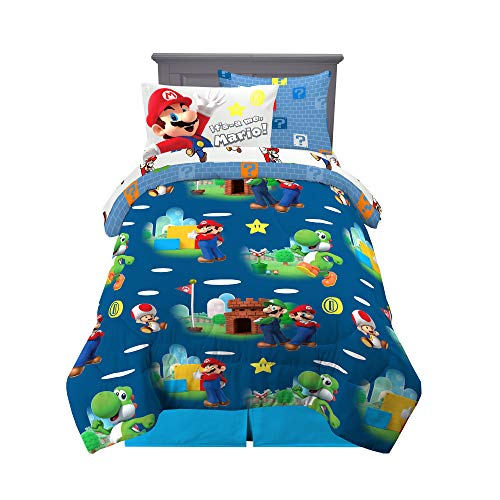Franco Kids Bedding Super Soft Comforter and Sheet Set with Sham, 5 Piece Twin Size, Mario & Kids Room Window Curtains Drapes Set, 82 in x 84 in, Super Mario