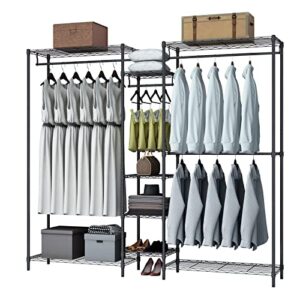 xiofio heavy duty garment rack, metal clothing rack with 4 hanging rods and 4 large shelves 4 small shelves, freestanding portable wardrobe closet rack, 68.5"l x 16.5"w x 76.7"h max load 720lbs, black