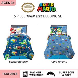 Franco Kids Bedding Super Soft Comforter and Sheet Set with Sham, 5 Piece Twin Size, Mario & Kids Room Window Curtains Drapes Set, 82 in x 63 in, Super Mario