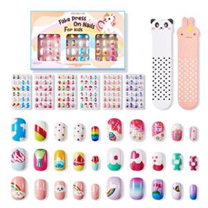 modelones 144pcs 6 pack press on nails for kids children acrylic fake nails pre-glue full cover glitter gradient color rainbow candy short false nail art kits sets gifts for kids girls