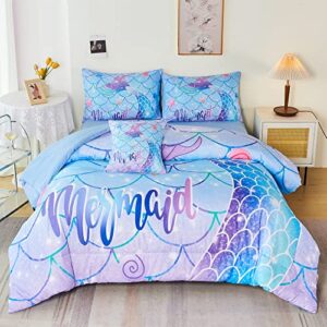 rynghipy 6pcs mermaid tail comforter set for kids girls, mermaid fish scale bed in a bag twin size, sparkle teal purple rainbow bedroom decor bedding set