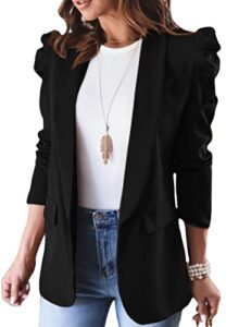 kirundo women's 2023 fall casual blazers puff sleeve lapel open front work suit office blazer jackets with pockets (black, medium)