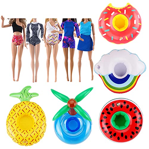 E-TING 5 Sets Beach Bikini Swimsuit Bathing Doll Clothes One-Piece Swimwear with 5 Pairs Shoes + 5PCS Swim Ring Summer Fun Swimming Pool Float Raft Lilo Lifebuoy for 11.5 inch Girl Dolls