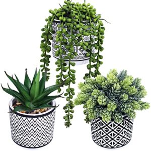 winlyn 3 pcs small potted succulents plants artificial string of pearls aloe hops succulents in black geometric concrete pots for gifts modern home bathroom window table indoor outdoor greenery décor