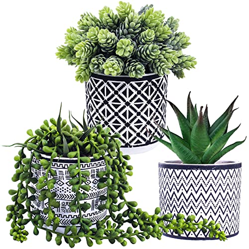 Winlyn 3 Pcs Small Potted Succulents Plants Artificial String of Pearls Aloe Hops Succulents in Black Geometric Concrete Pots for Gifts Modern Home Bathroom Window Table Indoor Outdoor Greenery Décor